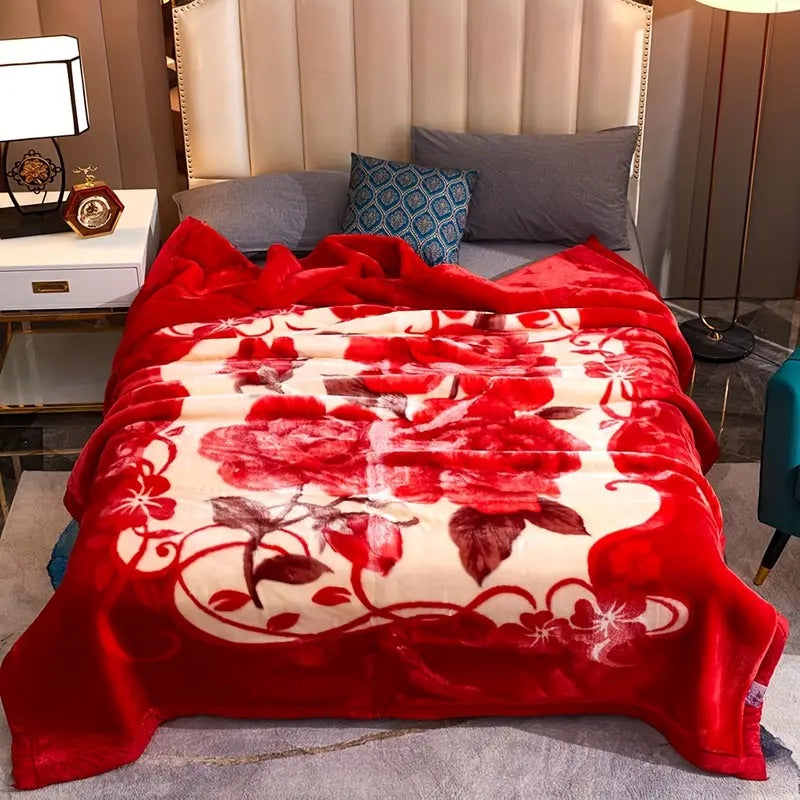 Luxury Red Rose Velvet Blanket – Soft, Warm & Floral Design for Double/Queen Bed