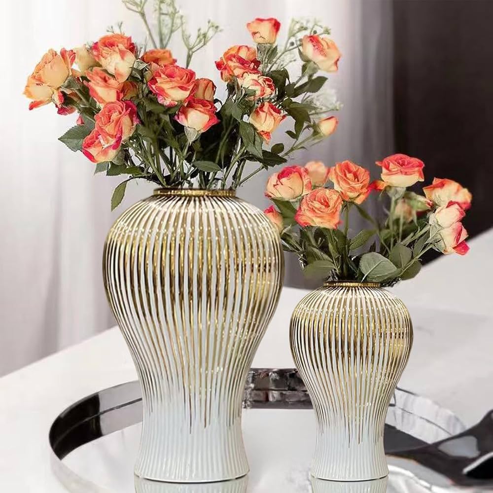 Ribbed Gold & White Decorative Vase – Modern Floral Flower Vase for Home Decor, 3 Sizes