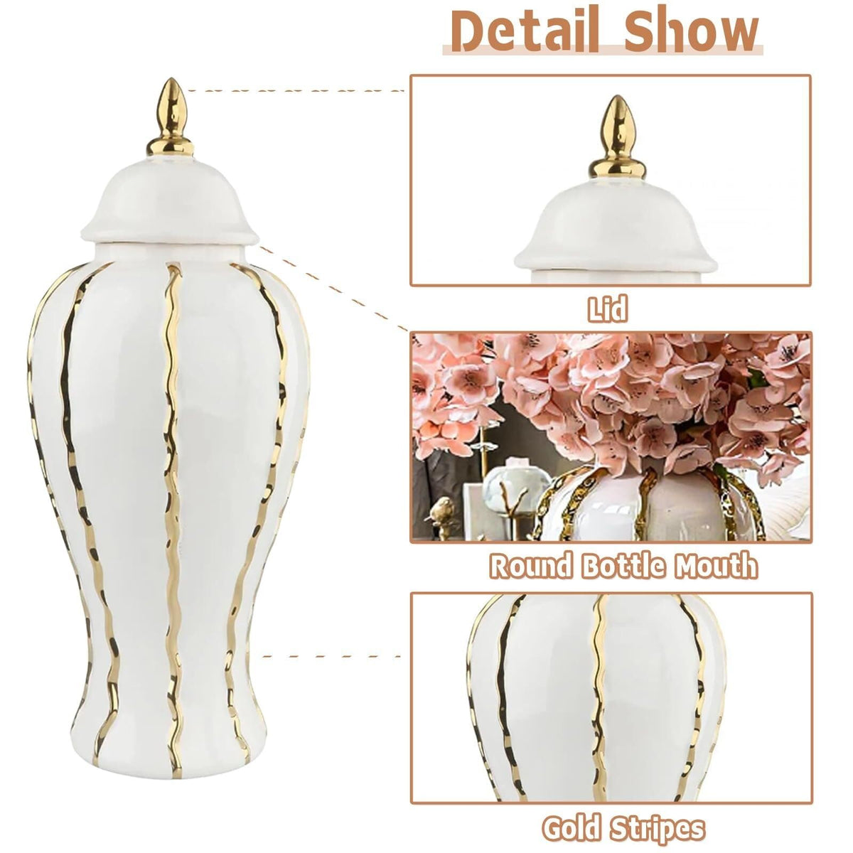 Decorative Vase with Gold Stripes & Lid – Classic Ceramic Tabletop, 3 Sizes