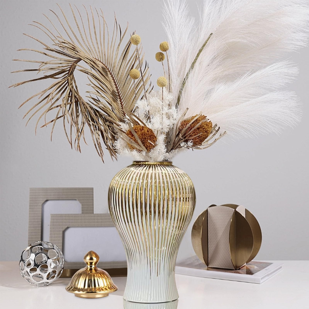 Ribbed Gold & White Decorative Vase – Modern Floral Flower Vase for Home Decor, 3 Sizes