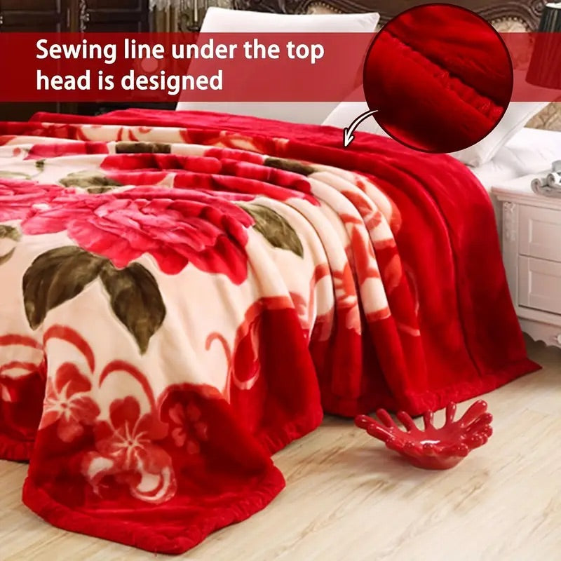 Luxury Red Rose Velvet Blanket – Soft, Warm & Floral Design for Double/Queen Bed