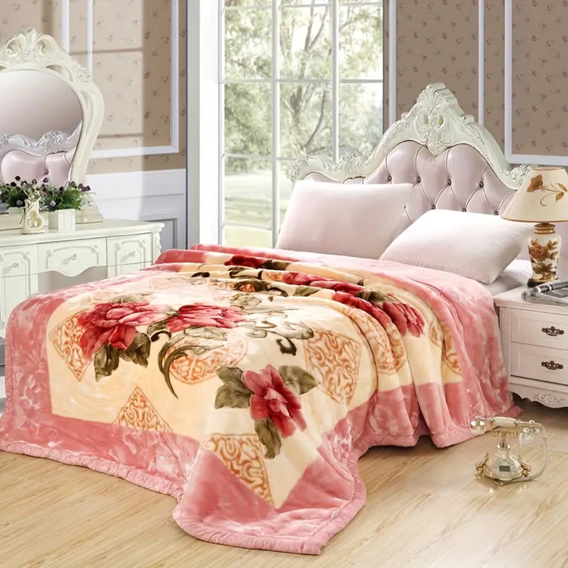 Elegant Pink Floral Mink Blanket – Ultra Soft Velvet Winter Blanket for Queen/Double Bed