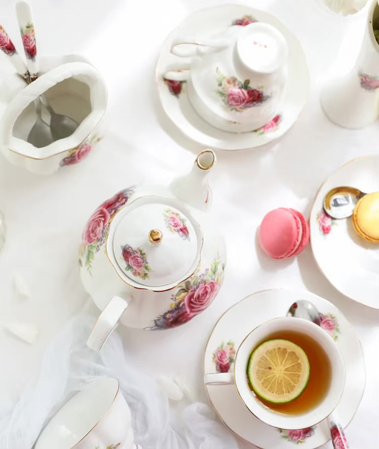 Refined Pink Rose Porcelain Tea Set – 21 Pieces with Gold Trim and Display Stand