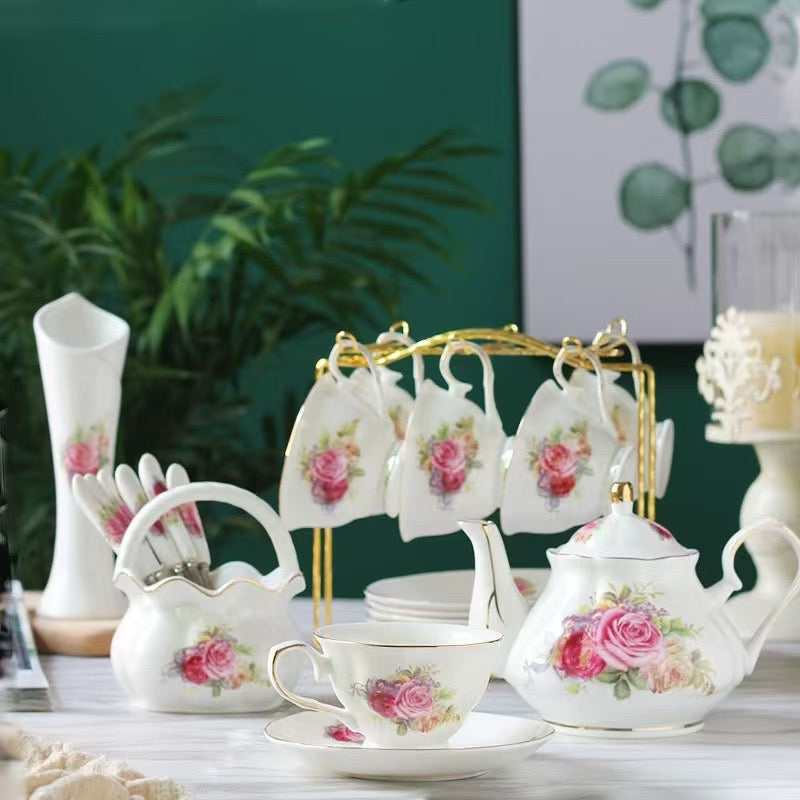Refined Pink Rose Porcelain Tea Set – 21 Pieces with Gold Trim and Display Stand