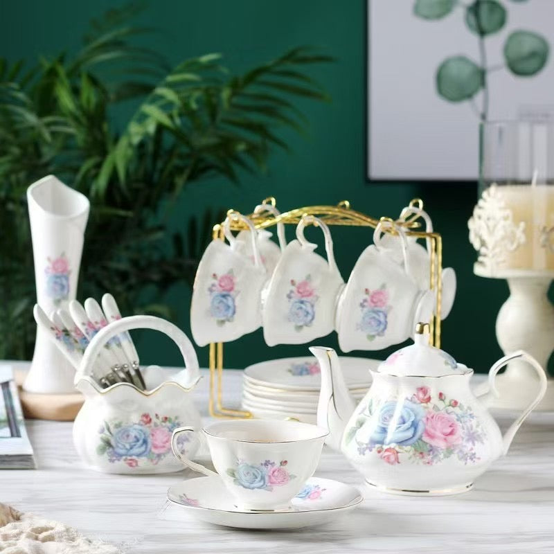 European-Style Luxury 21 Pc Porcelain Floral Tea Set