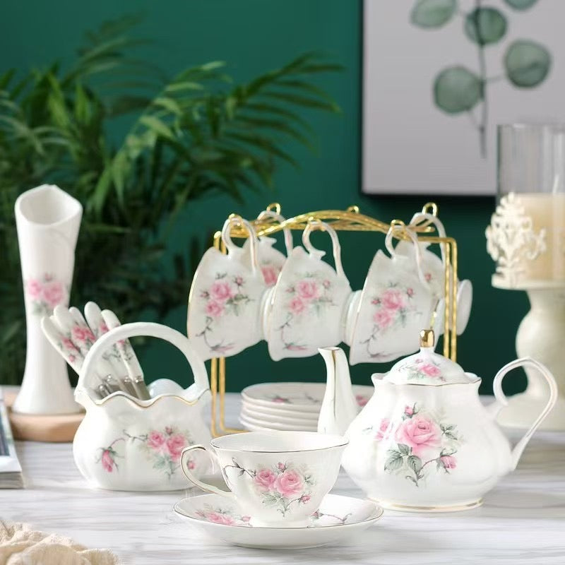Vintage Rose Porcelain Tea Set – Floral Afternoon 21 Pc Tea Collection with Gold Trim