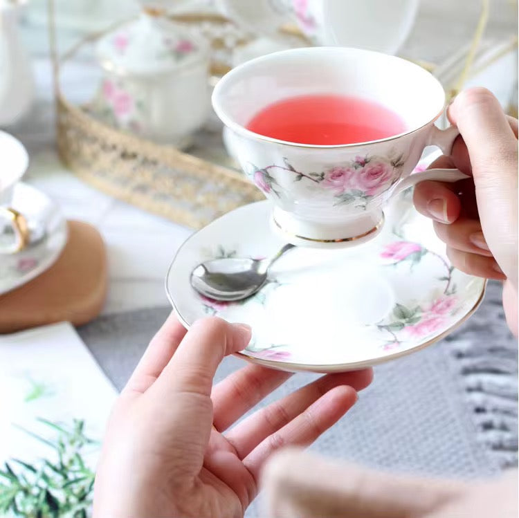 Vintage Rose Porcelain Tea Set – Floral Afternoon 21 Pc Tea Collection with Gold Trim