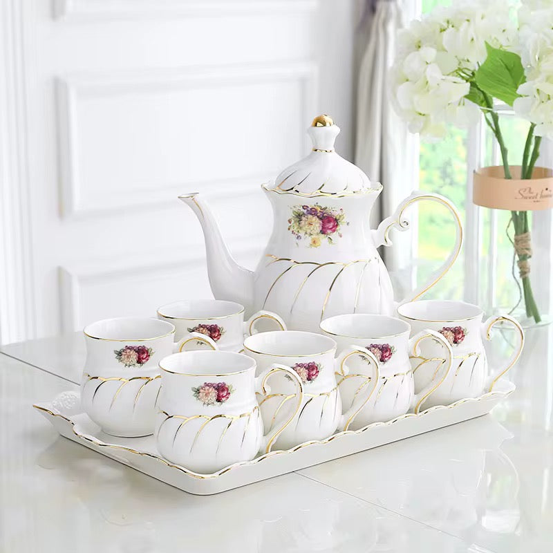 Luxury Porcelain Tea Set with Gold Handles – 7 Piece (Teapot, 6 Cups, Tray)