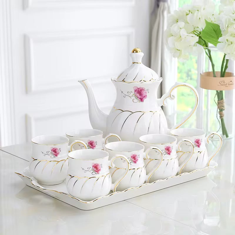 Luxury Porcelain Tea Set with Gold Handles – 7 Piece (Teapot, 6 Cups, Tray)