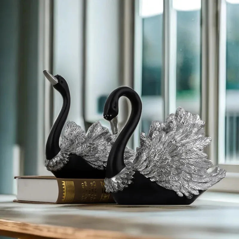 Swan Couple Statue Set – Luxury Black and Silver Home Decoration