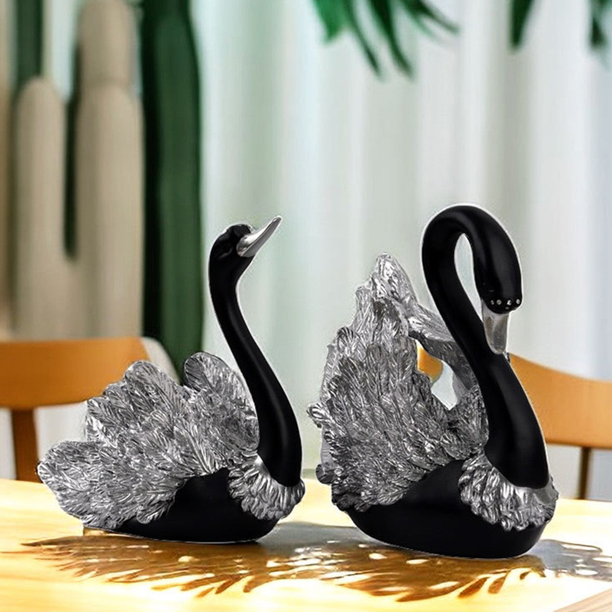 Swan Couple Statue Set – Luxury Black and Silver Home Decoration