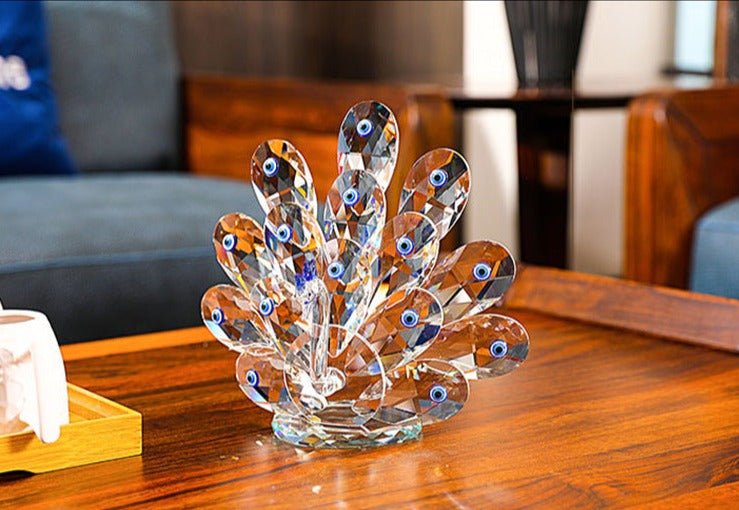 Crystal Peacock Figurine Set with Evil Eye Feathers – Decorative Home Showpiece