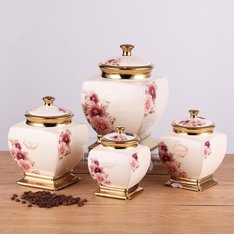 4-Piece Floral Ceramic Canister Set with Gold Trim | Elegant Kitchen Storage Jars