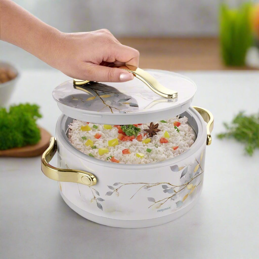 Nayasa Floral Insulated Casserole with Lid – White Serving Pot with Gold Handles