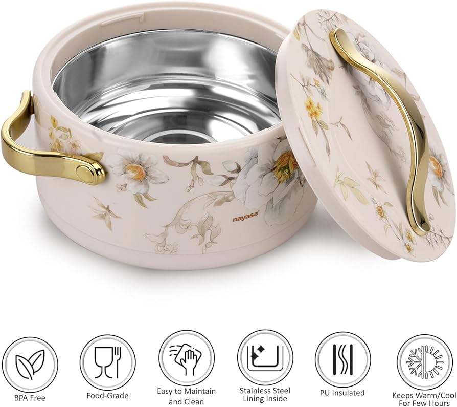 Nayasa Floral Enamel Casserole with Lid – Serving Pot with Gold Handles