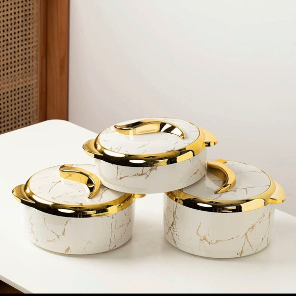 Premium Marble Finish Casserole Set with Lid – Insulated Serving Pots with Gold Handles (Set of 3)