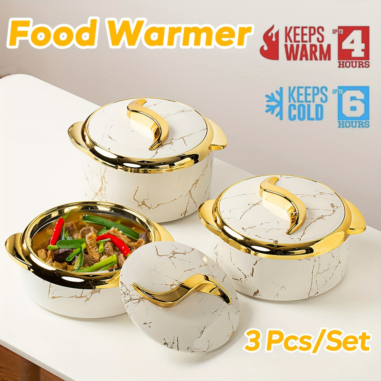 Premium Marble Finish Casserole Set with Lid – Insulated Serving Pots with Gold Handles (Set of 3)
