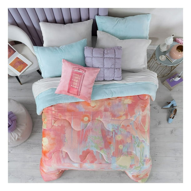 Pastel Abstract Fleece Winter Comforter Set – 3-Piece Ultra Soft Printed Comforter with Solid Pillowcases