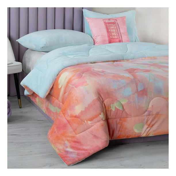 Pastel Abstract Fleece Winter Comforter Set – 3-Piece Ultra Soft Printed Comforter with Solid Pillowcases