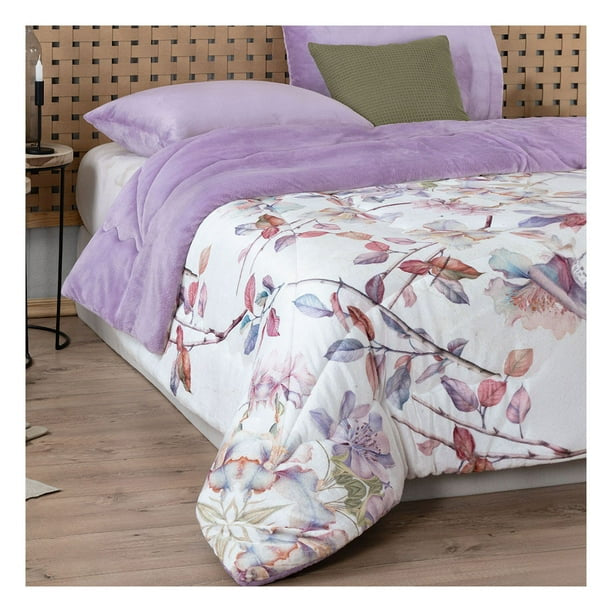 King Size Floral Fleece Winter Comforter Set – 3-Piece Ultra Soft Printed Comforter with Solid Pillowcases