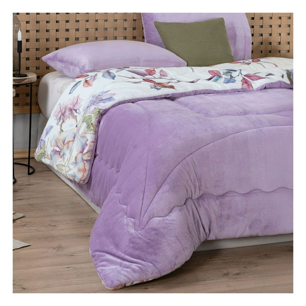 King Size Floral Fleece Winter Comforter Set – 3-Piece Ultra Soft Printed Comforter with Solid Pillowcases