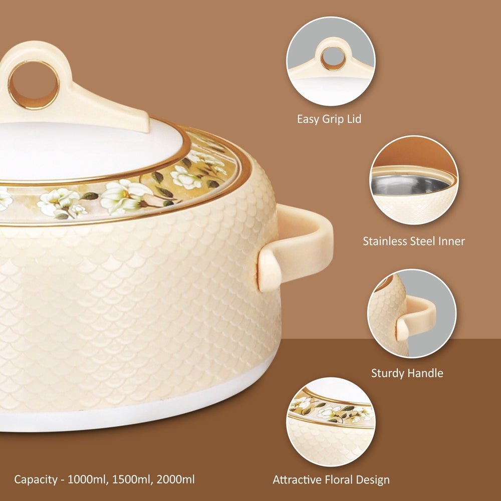 Nayasa Coral Insulated Casserole Set with Lid | Elegant Floral Design Hot Case for Roti, Rice & Serving