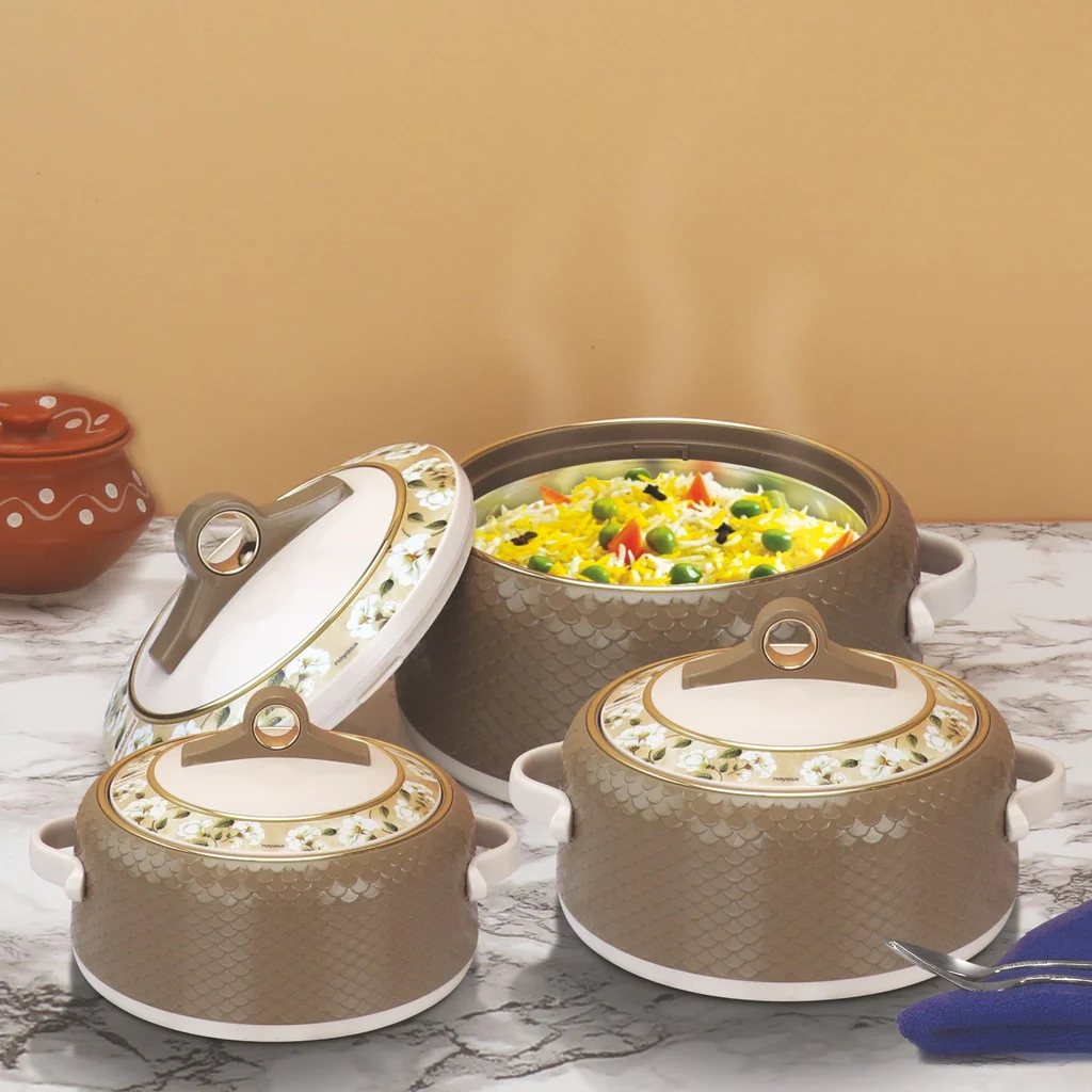 Nayasa Coral Insulated Casserole Set with Lid | Elegant Floral Design Hot Case for Roti, Rice & Serving