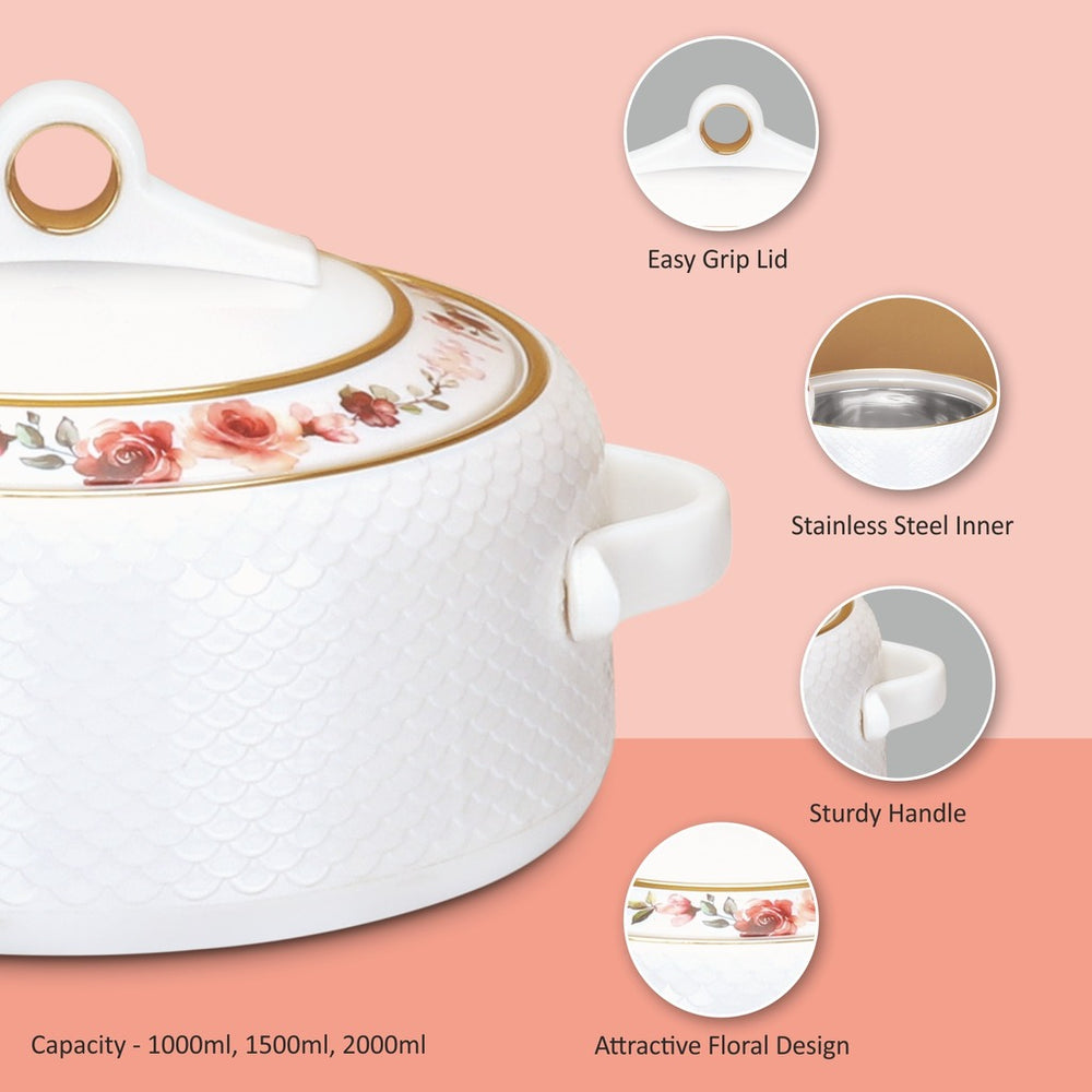 Nayasa Coral Insulated Casserole Set with Lid | Elegant Floral Design Hot Case for Roti, Rice & Serving