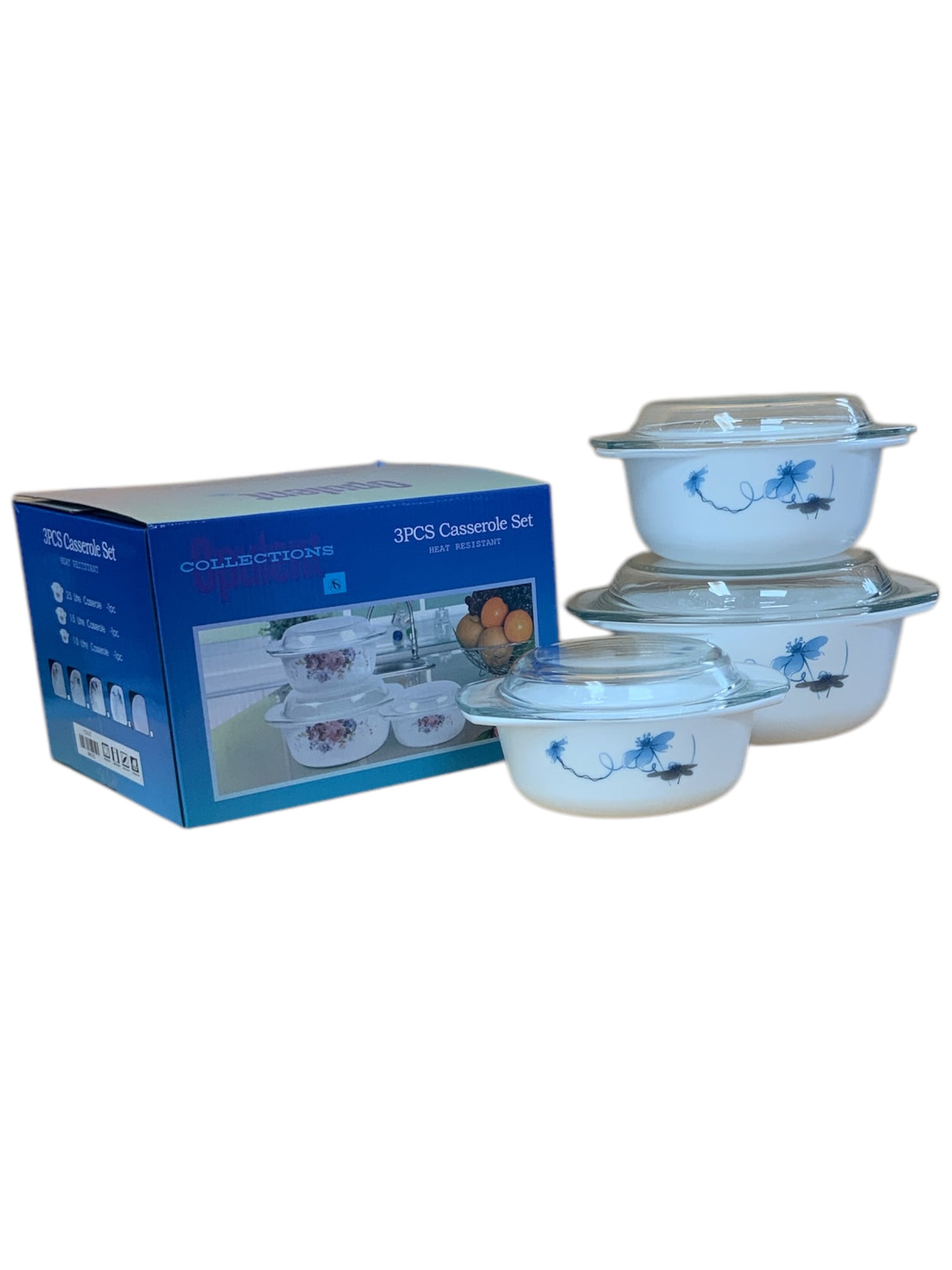 Complete 3-Piece Elegant Blue Floral Casserole Set β For Family Dining & Parties