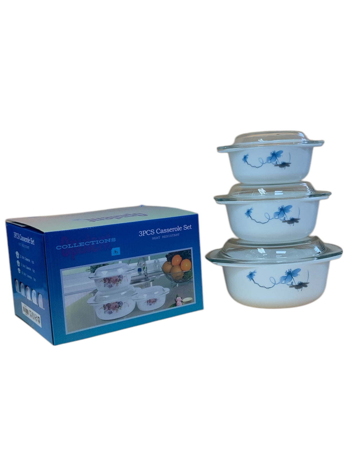 Complete 3-Piece Elegant Blue Floral Casserole Set β For Family Dining & Parties