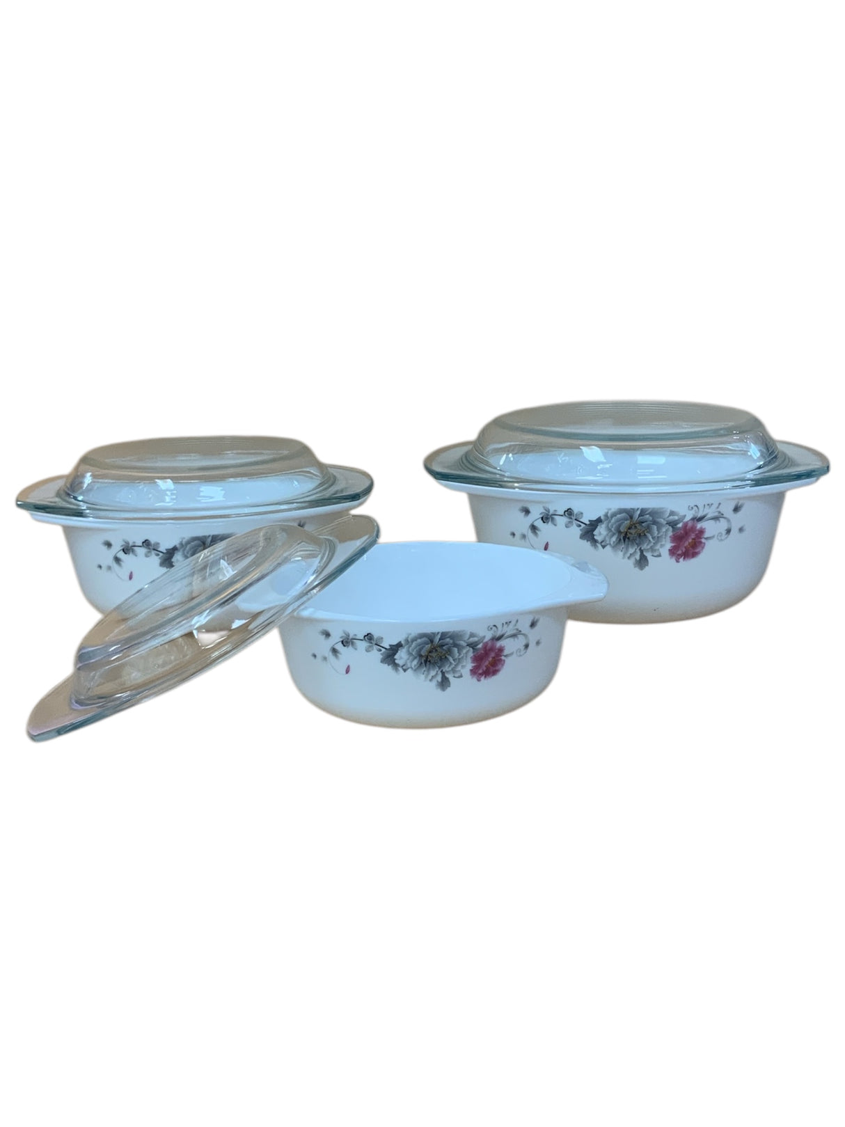 Elegant 3-Piece Pink & Grey Floral Casserole Set