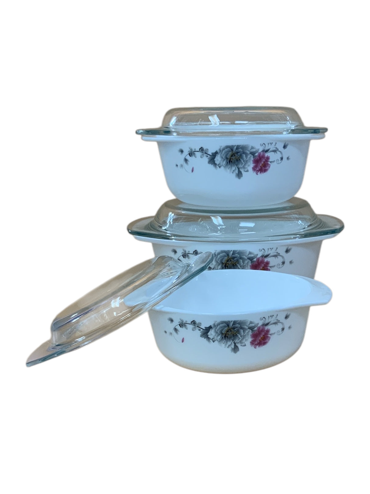 Elegant 3-Piece Pink & Grey Floral Casserole Set