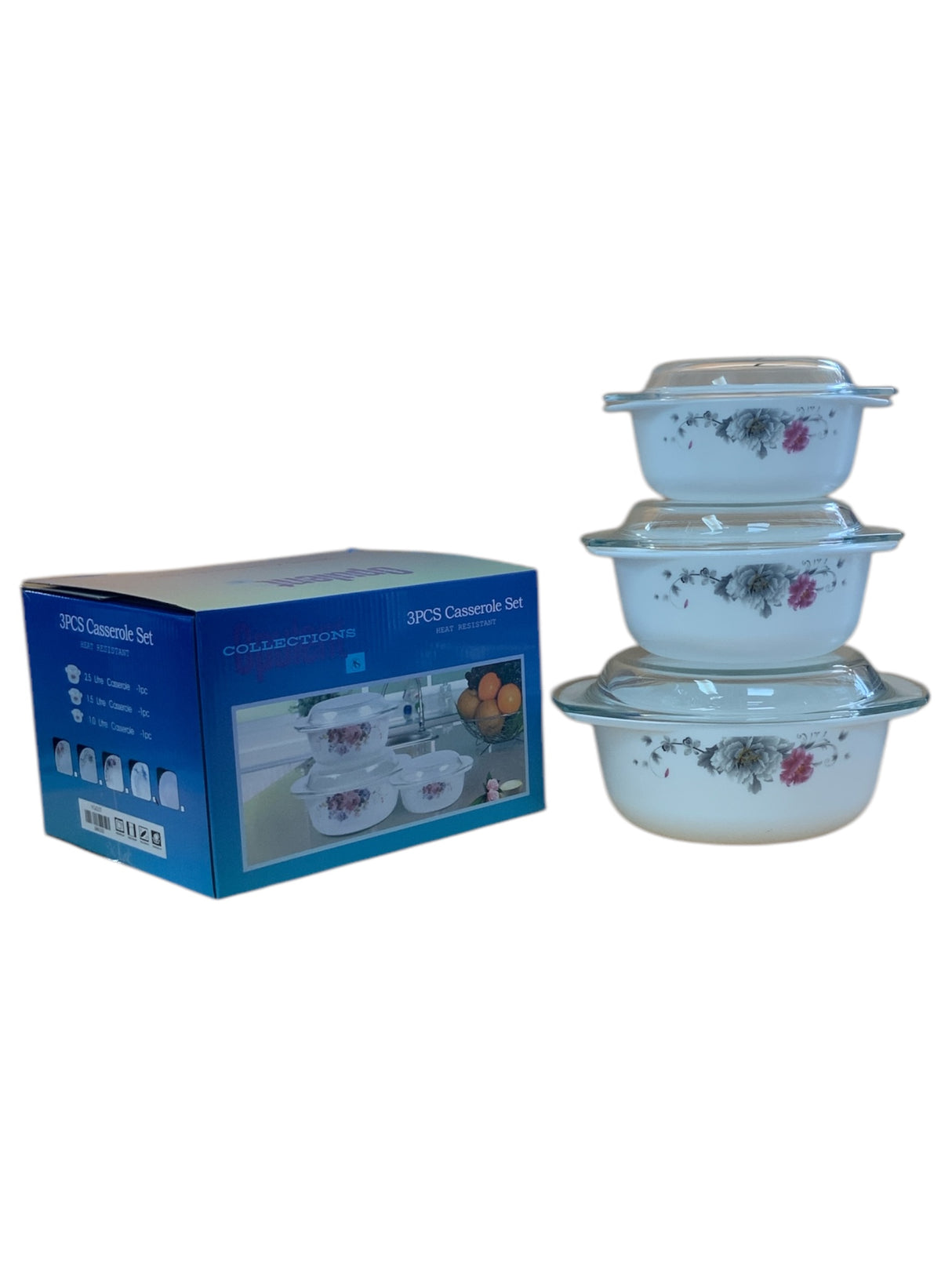 Elegant 3-Piece Pink & Grey Floral Casserole Set