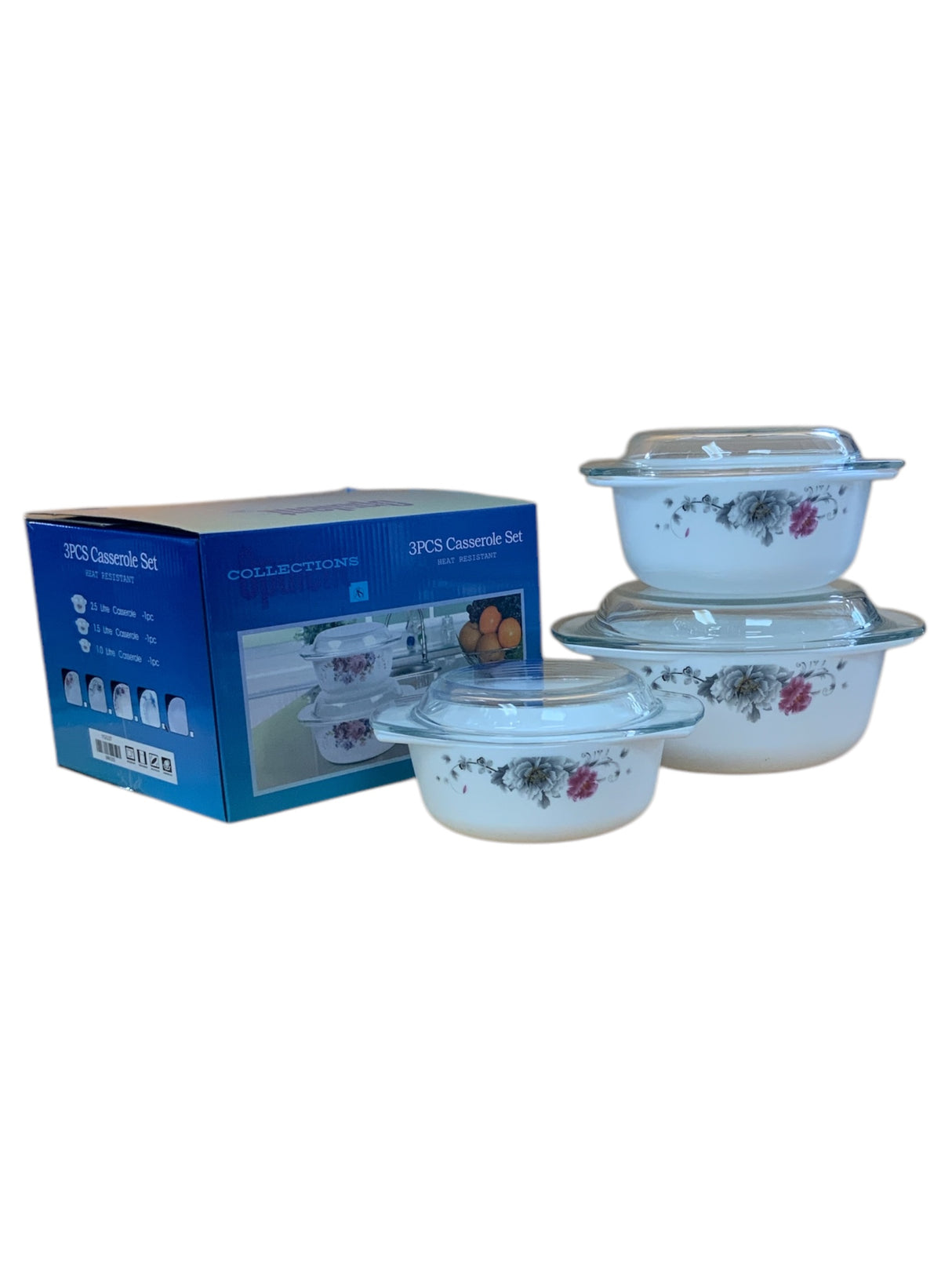 Elegant 3-Piece Pink & Grey Floral Casserole Set