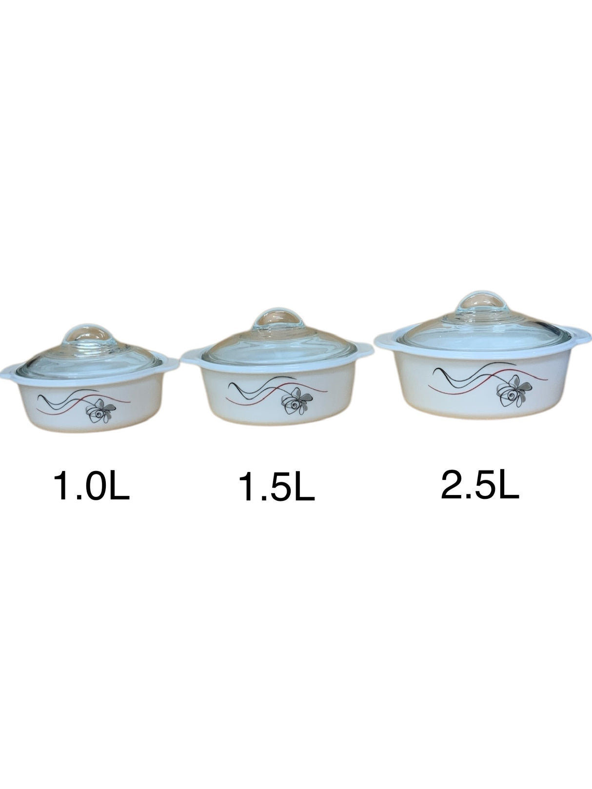 Casserole black flower with red line with knob lid 3pc