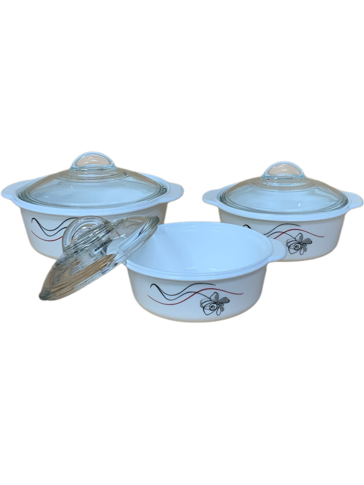 Casserole black flower with red line with knob lid 3pc