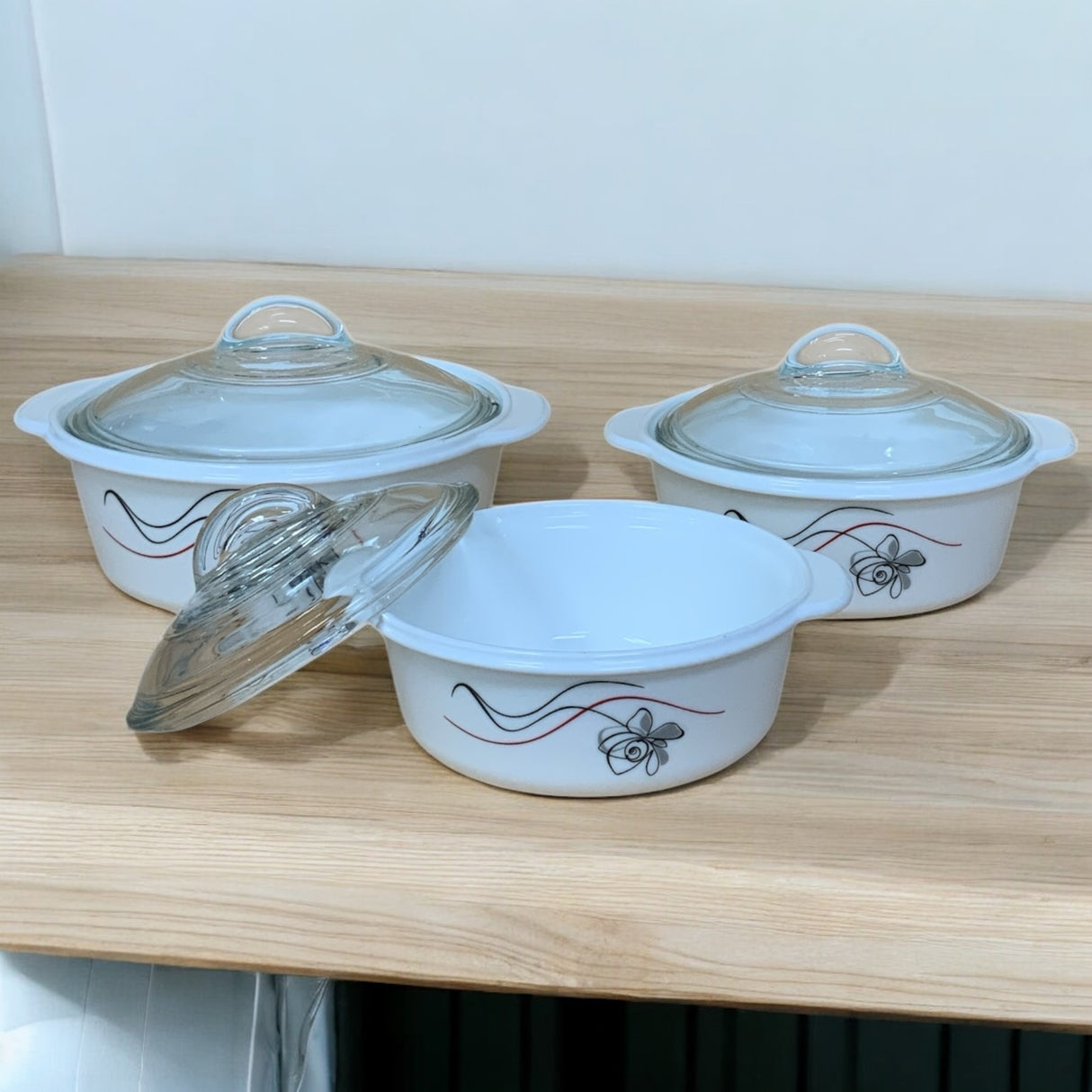 Casserole black flower with red line with knob lid 3pc