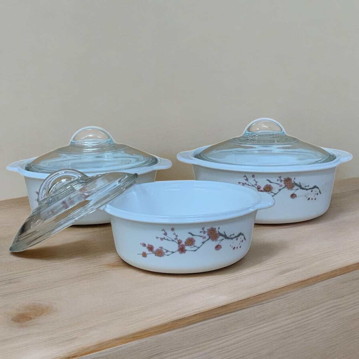 Casserole small flower with red line with knob lid 3pc