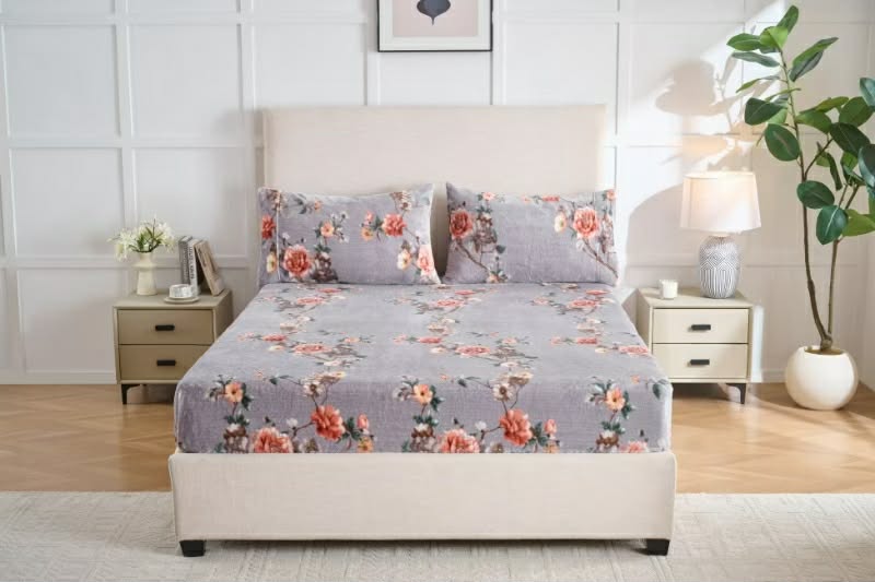 Luxury Floral Fleece Flannel Bedsheet Set – Ultra-Soft Warm Bedding with Deep Pocket Fit (King/Queen/Twin)