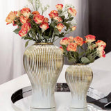 Ribbed Gold & White Decorative Vase – Modern Floral Flower Vase for Home Decor, 3 Sizes