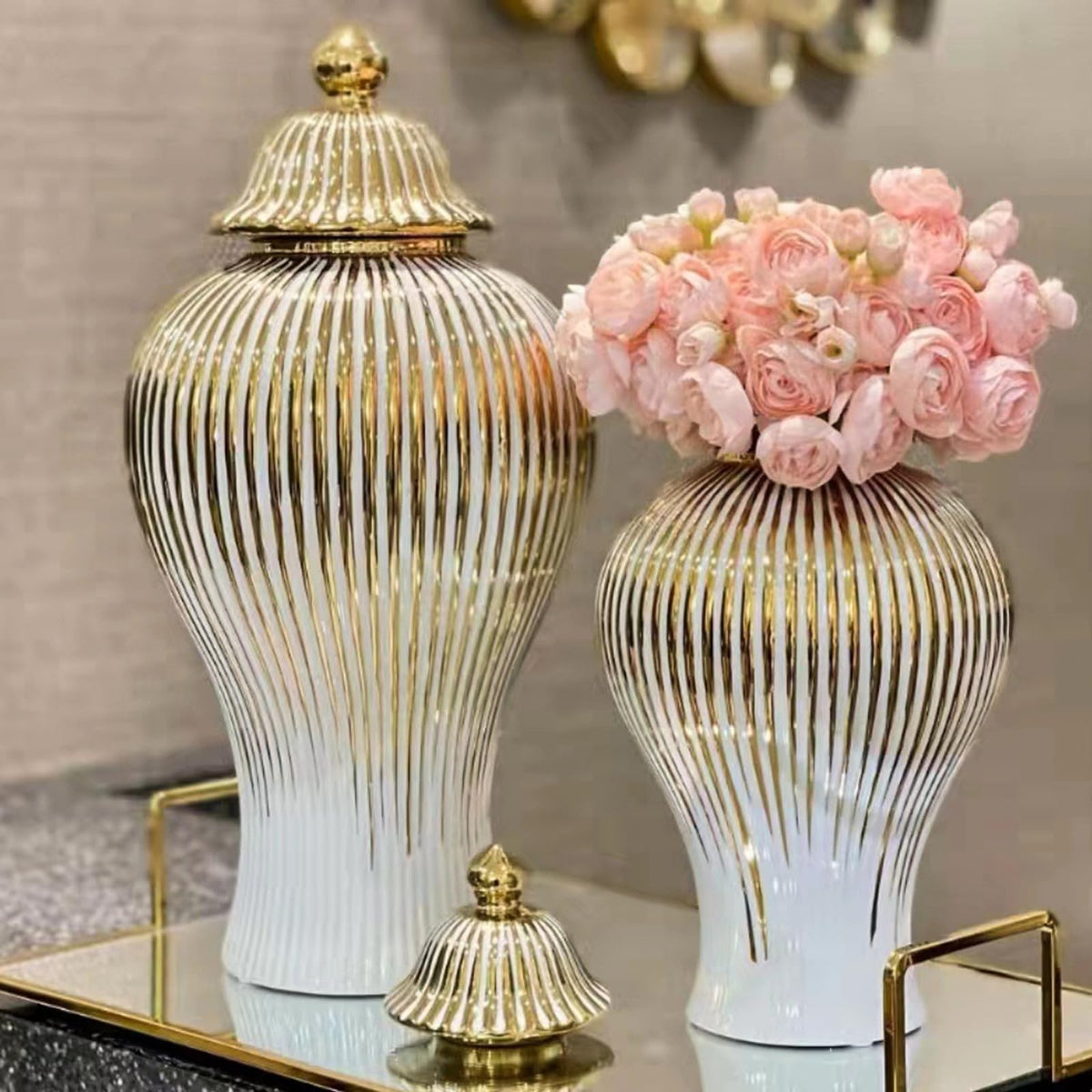 Ribbed Gold & White Decorative Vase – Modern Floral Flower Vase for Home Decor, 3 Sizes