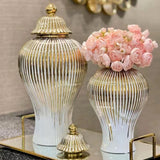 Ribbed Gold & White Decorative Vase – Modern Floral Flower Vase for Home Decor, 3 Sizes