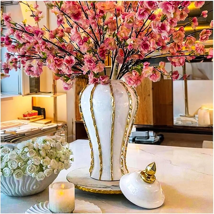 Decorative Vase with Gold Stripes & Lid – Classic Ceramic Tabletop, 3 Sizes