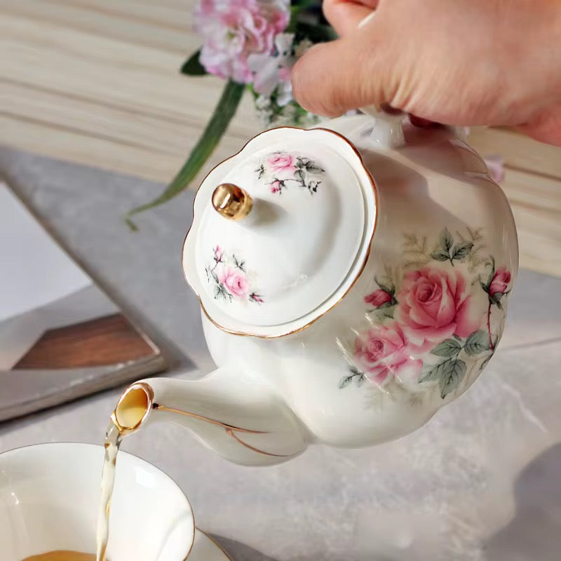 Vintage Rose Porcelain Tea Set – Floral Afternoon 21 Pc Tea Collection with Gold Trim