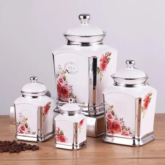 4-Piece Floral Ceramic Canister Set with Silver Trim | Decorative Kitchen Storage Jars
