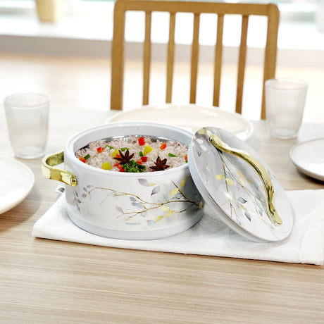 Nayasa Floral Insulated Casserole with Lid – White Serving Pot with Gold Handles