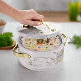 Nayasa Floral Insulated Casserole with Lid – White Serving Pot with Gold Handles