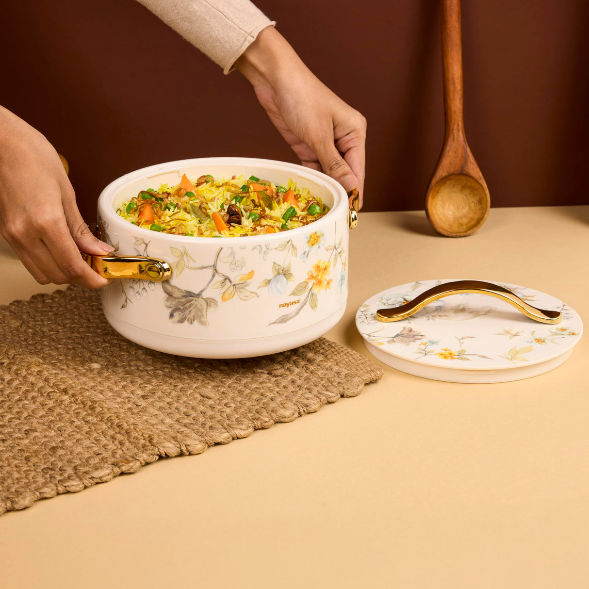 Nayasa Floral Enamel Casserole with Lid – Serving Pot with Gold Handles