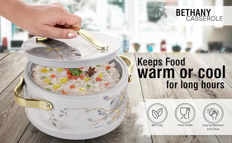 Nayasa Floral Insulated Casserole with Lid – White Serving Pot with Gold Handles