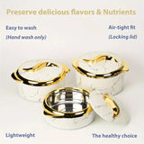 Premium Marble Finish Casserole Set with Lid – Insulated Serving Pots with Gold Handles (Set of 3)